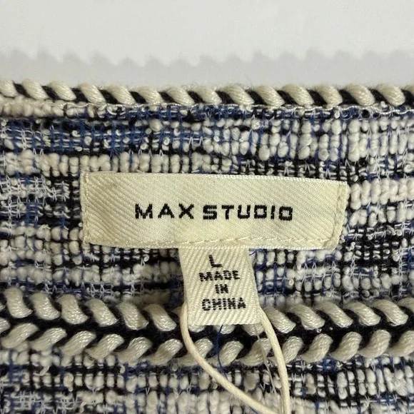 Max Studio Tweed Fit Flare Dress Short Sleeve Textured Blue White Black Sz L NWT - Picture 2 of 8